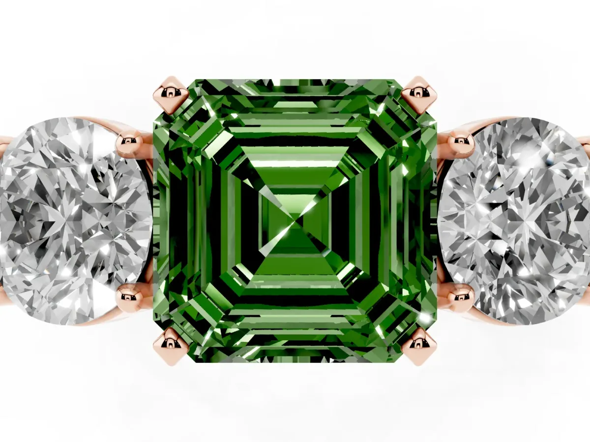 Fancy Green Three-Stone Asscher Cut Diamond Ring with Round Side Stones, Classic Band, and Four-Prong Setting Rose gold