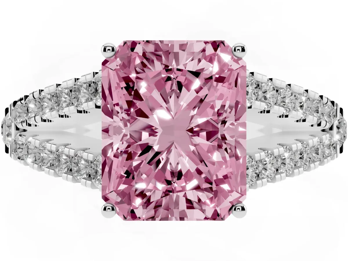 Fancy Pink Radiant Cut Diamond Split Shank Pavé Engagement Ring with Four-Prong Setting Silver