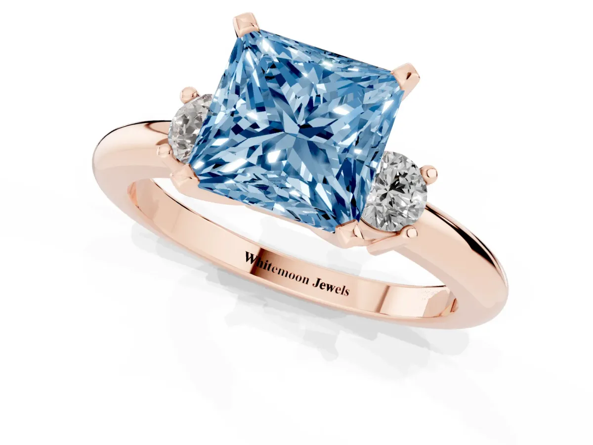 Fancy Blue Three-Stone Princess Cut Cut Diamond Solitaire with Prong Setting and Classic Band Rose gold