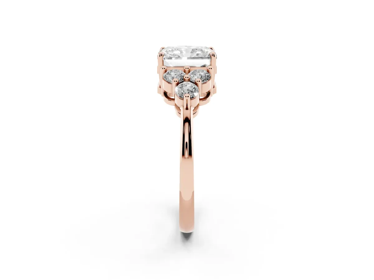 Radiant Cut Brilliant Diamond Cluster Accent Solitaire Ring with Prong Setting Rose gold