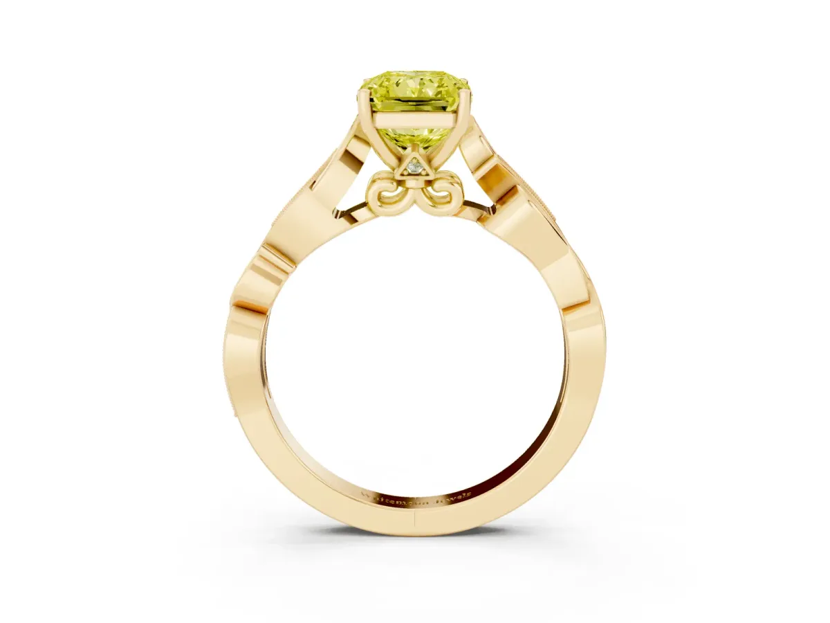 Fancy Yellow Radiant Cut Solitaire Vine Band with Milgrain Prong Setting Yellow gold