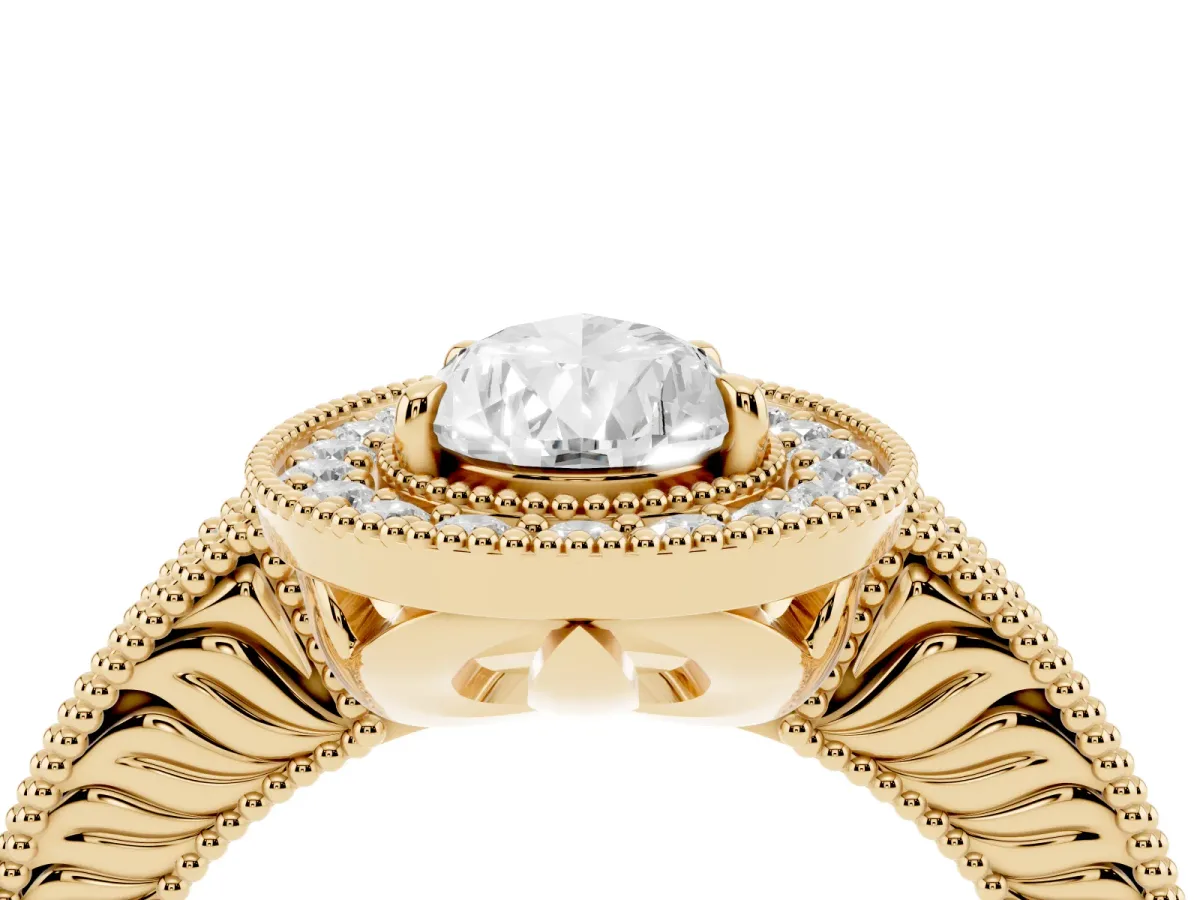 Pear Cut Cut Halo Diamond Ring with Pavé Band and Four-Prong Setting Yellow gold