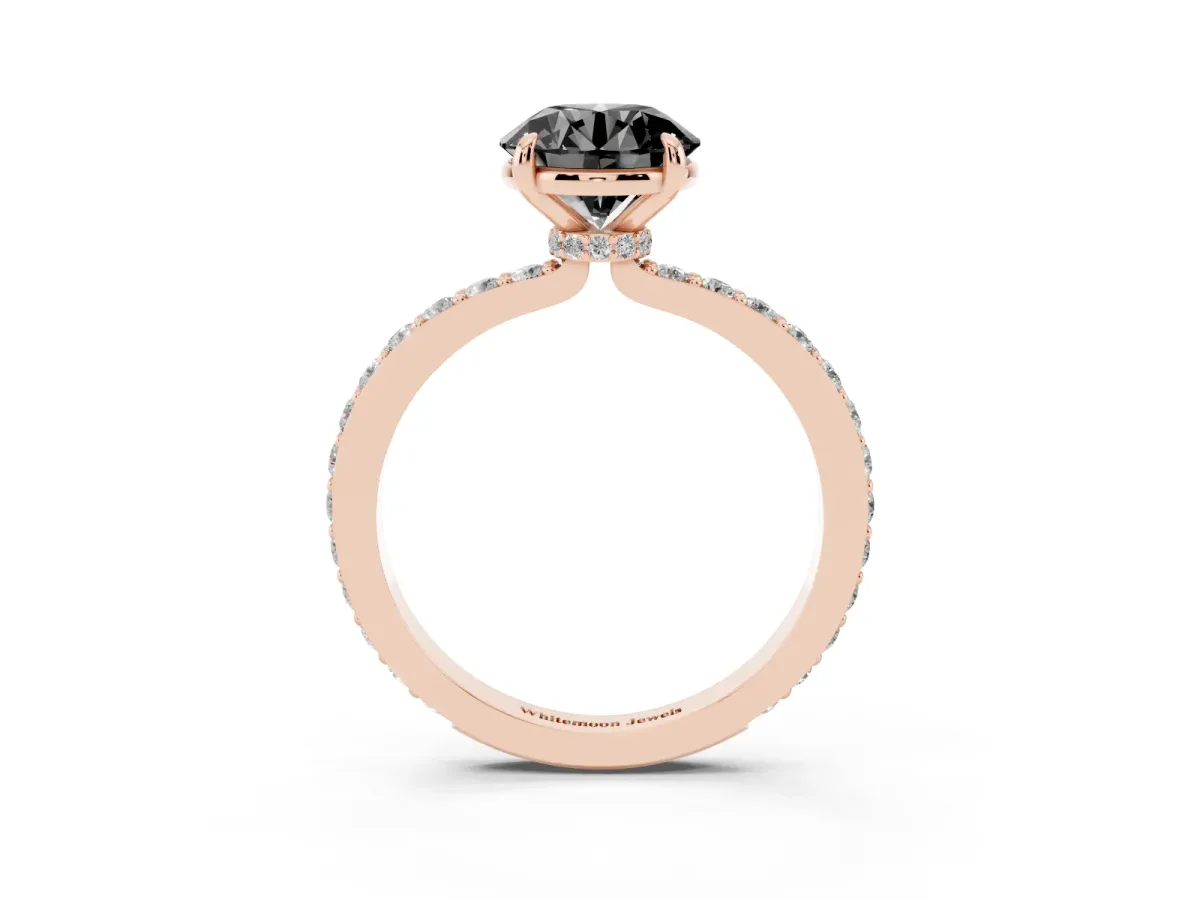 Fancy Black Round Cut Diamond Pavé Engagement Ring with Round Accents and Prong Setting Rose gold