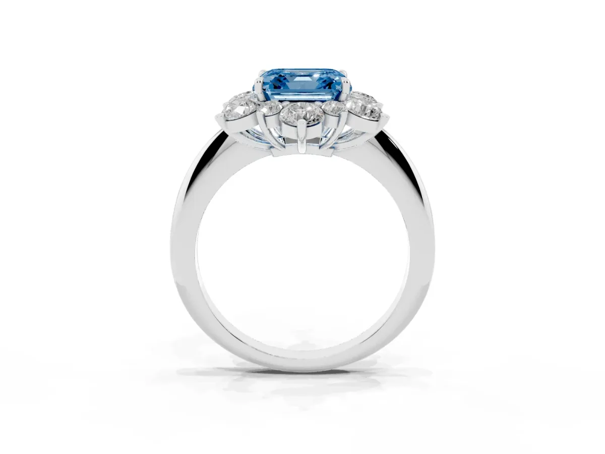 Fancy Blue Asscher Cut Diamond Cluster Halo Ring with Solitaire Band and Four-Prong Setting Silver