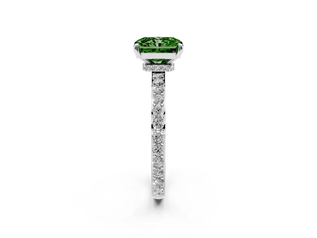 Fancy Green Radiant Cut Diamond Pavé Engagement Ring with Round Accents and Prong Setting Platinum