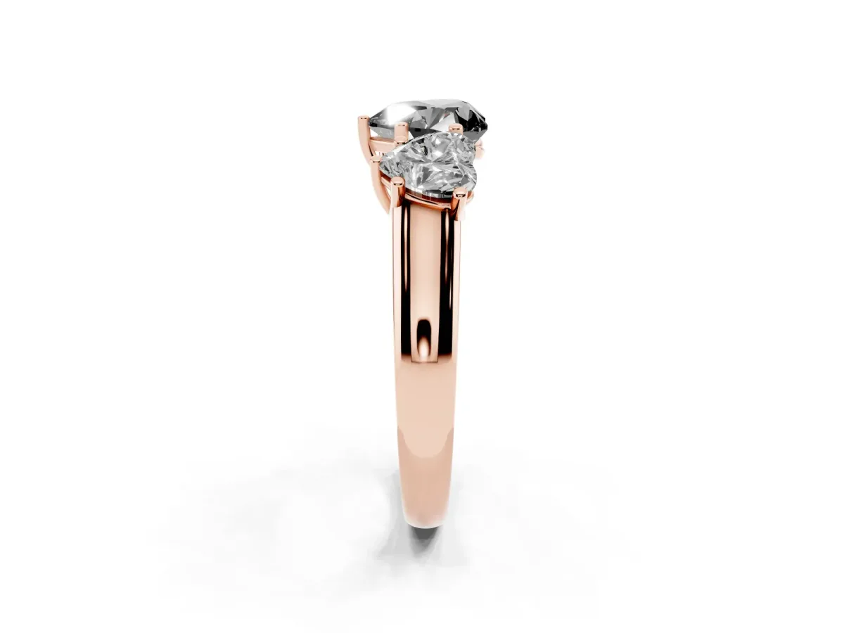 Fancy Black Heart Cut Three-Stone Diamond Ring with Prong Setting on a Classic Band Rose gold