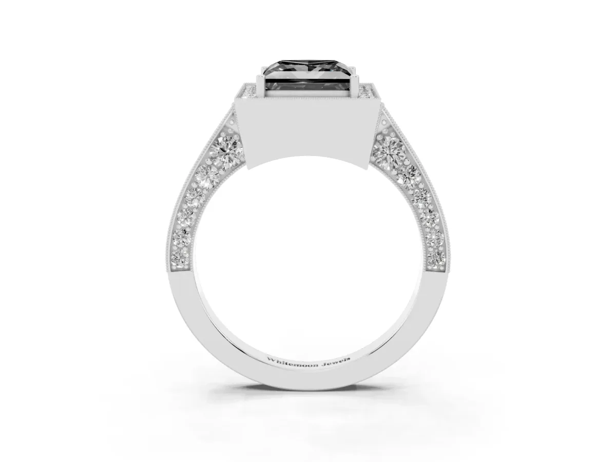 Fancy Black Princess Cut Halo Diamond Engagement Ring with Split Shank Band and Four-Prong Setting Silver