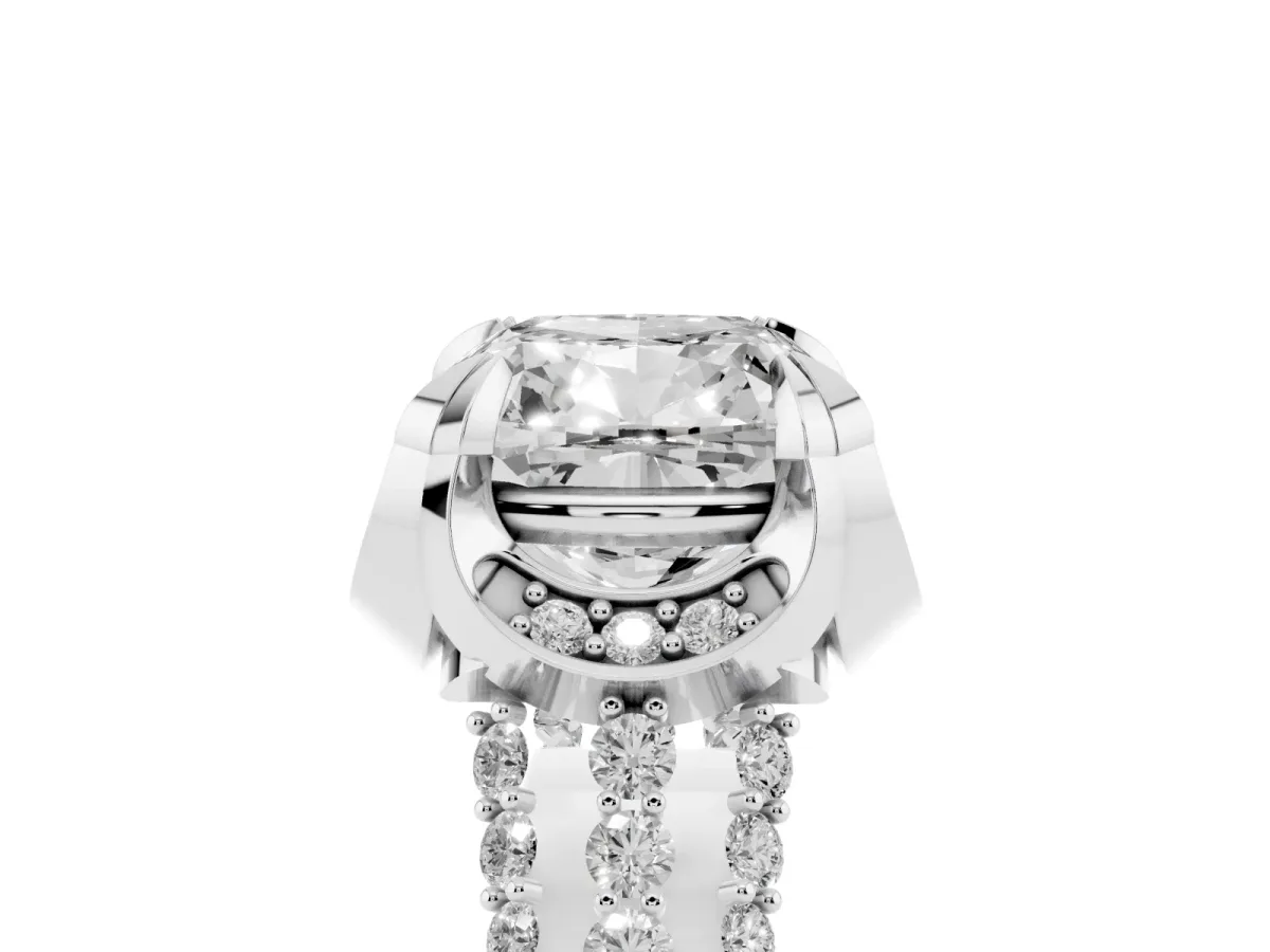 Cushion Cut Solitaire Pave Split Shank Ring with Four-Prong Setting Silver