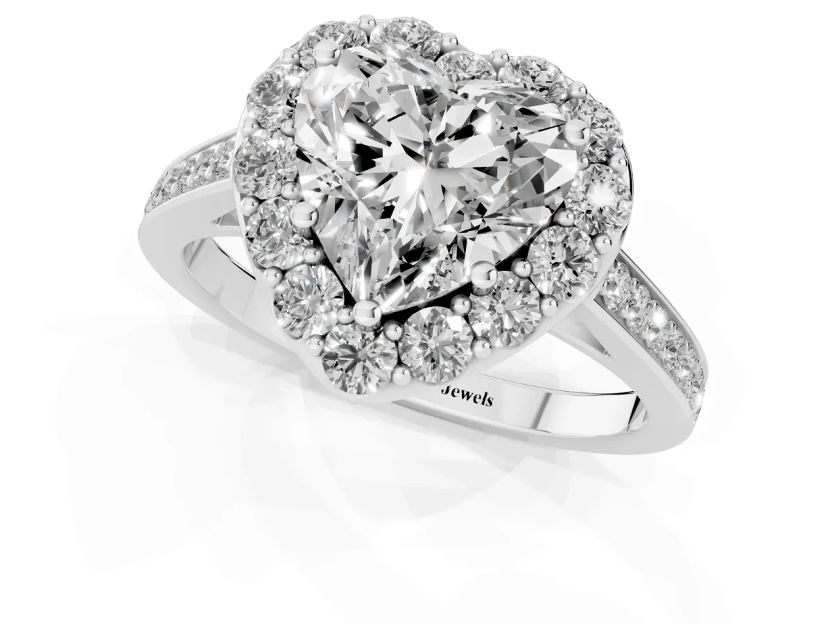 Heart Cut Diamond Floral Halo Ring with Pavé Band and Prong Setting White gold