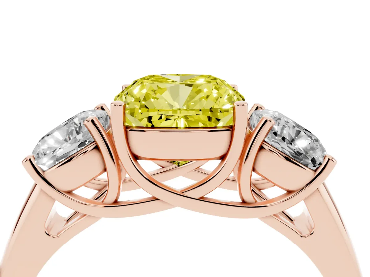 Fancy Yellow Three-Stone Cushion Cut Diamond Engagement Ring with Prong Setting Rose gold