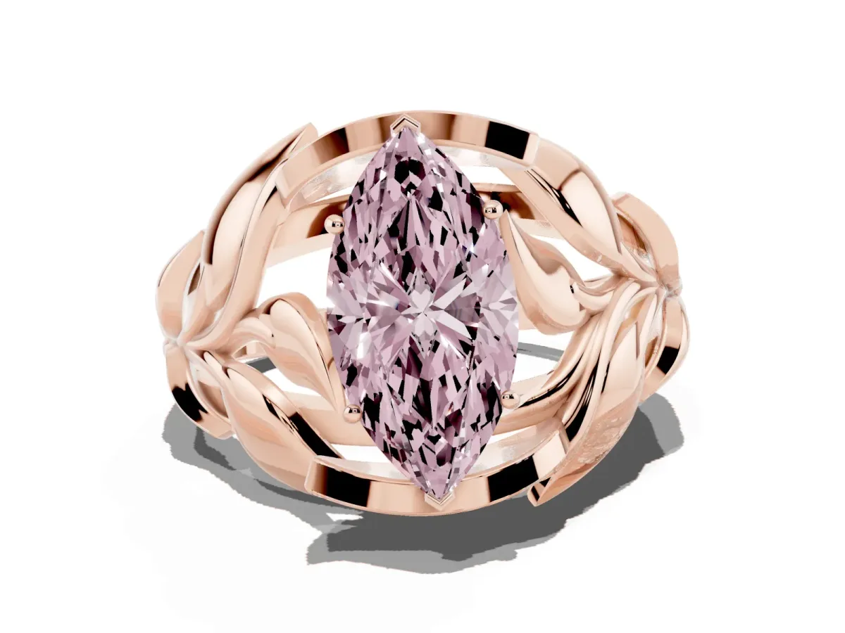 Fancy Pink Marquise Cut Diamond Leaf-Inspired Engagement Ring with Round Accents and Prong Setting Rose gold