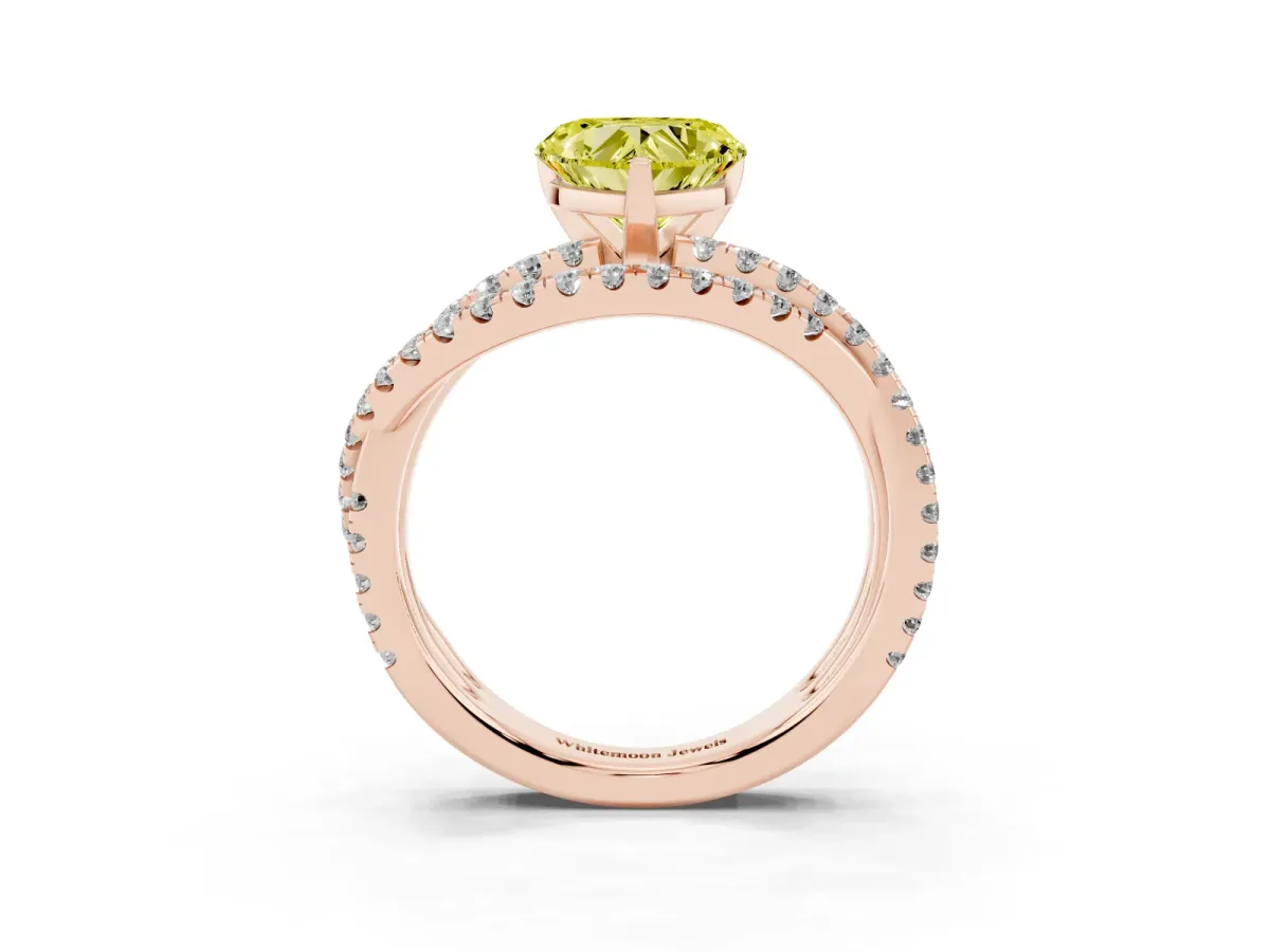 Fancy Yellow Heart Cut Solitaire Twist Band with Pavé Setting and Four-Prong Setting Rose gold