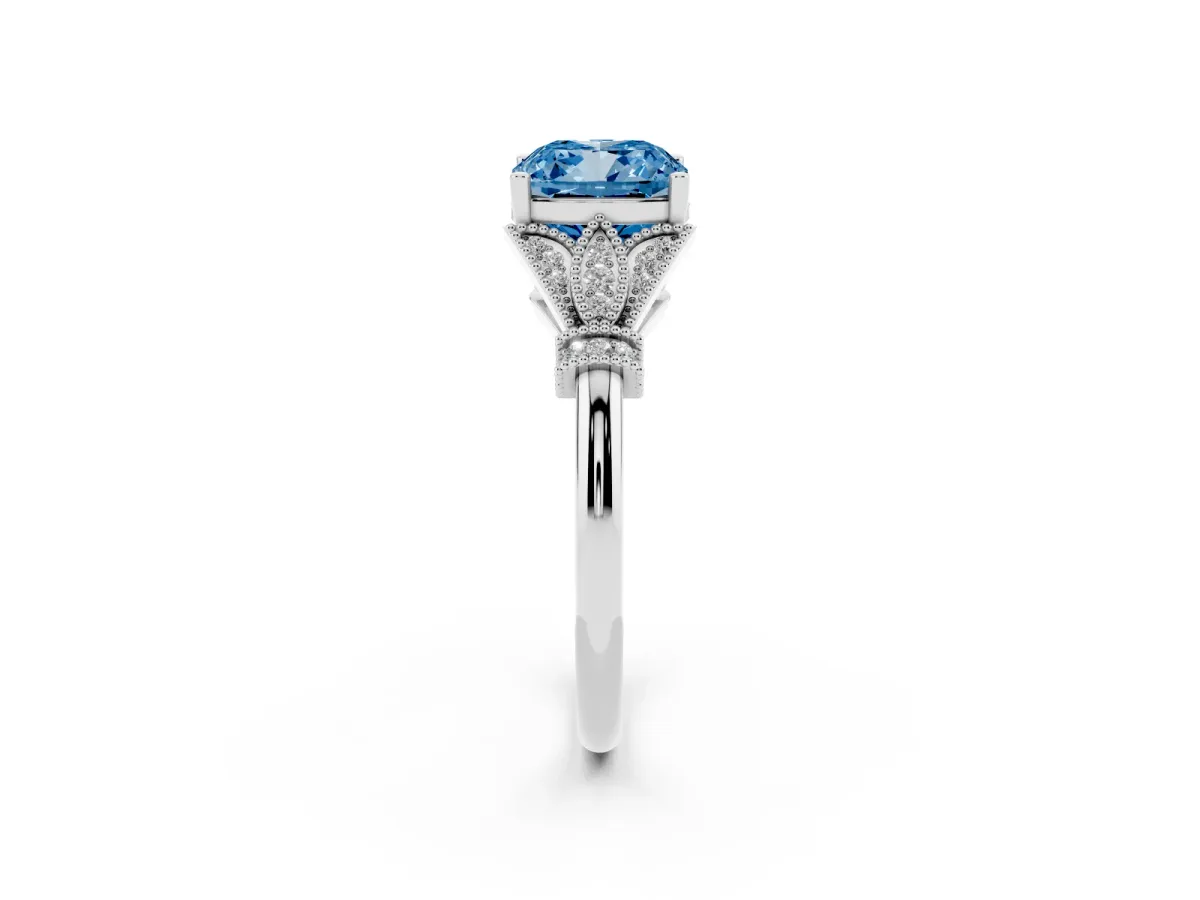 Fancy Blue Cushion Cut Diamond Solitaire Ring with Floral Filigree and Pave Accents White gold