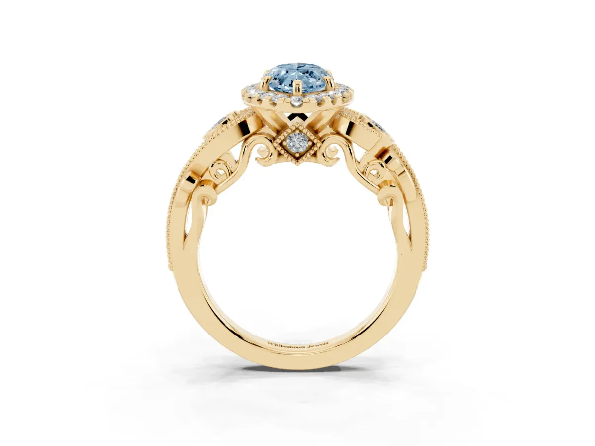 Fancy Blue Marquise Cut Diamond Halo Ring with Milgrain Pavé Band and Four-Prong Setting Yellow gold