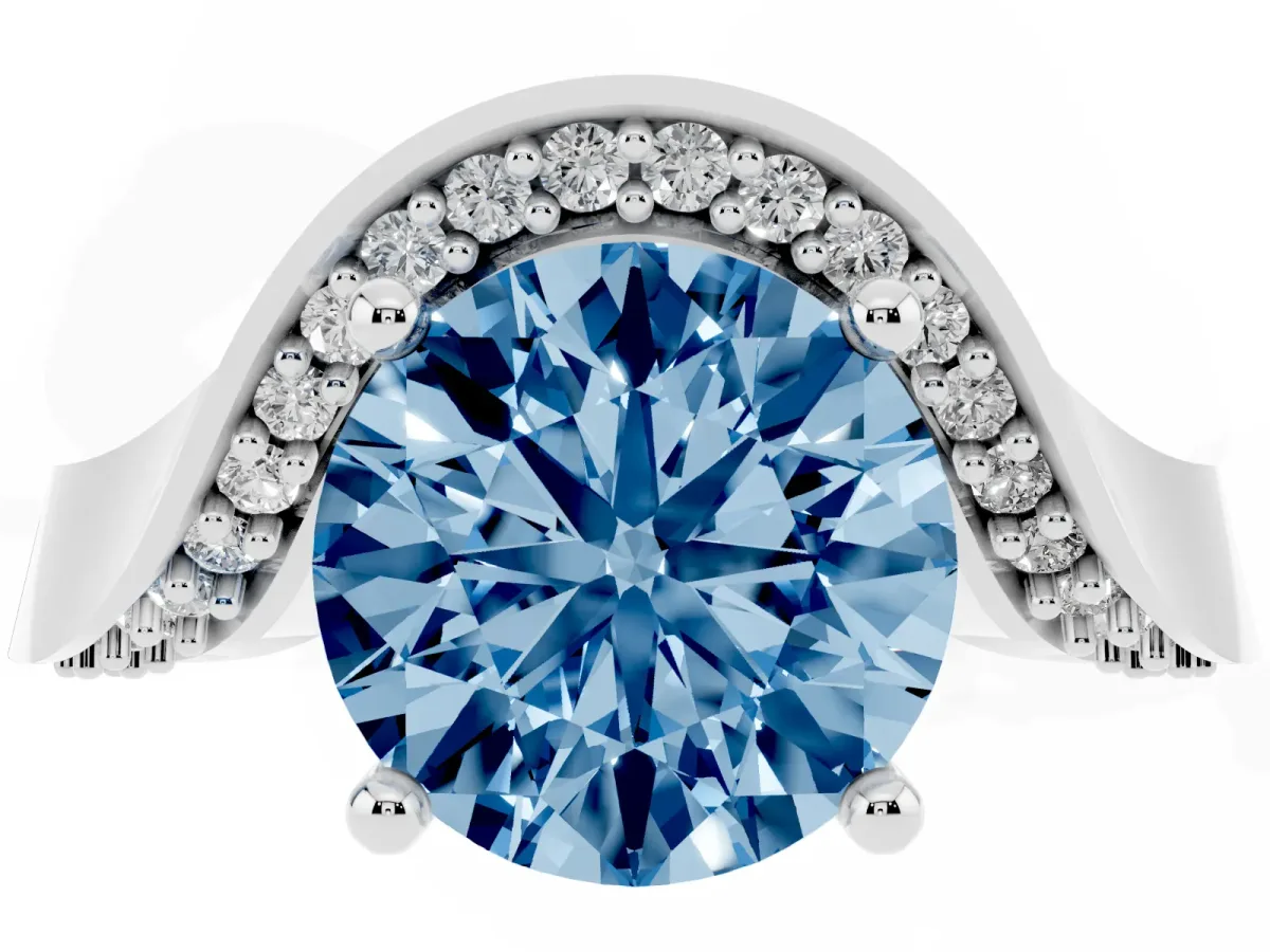 Fancy Blue Round Cut Solitaire Diamond Engagement Ring with Pave Band and Four-Prong Setting Platinum