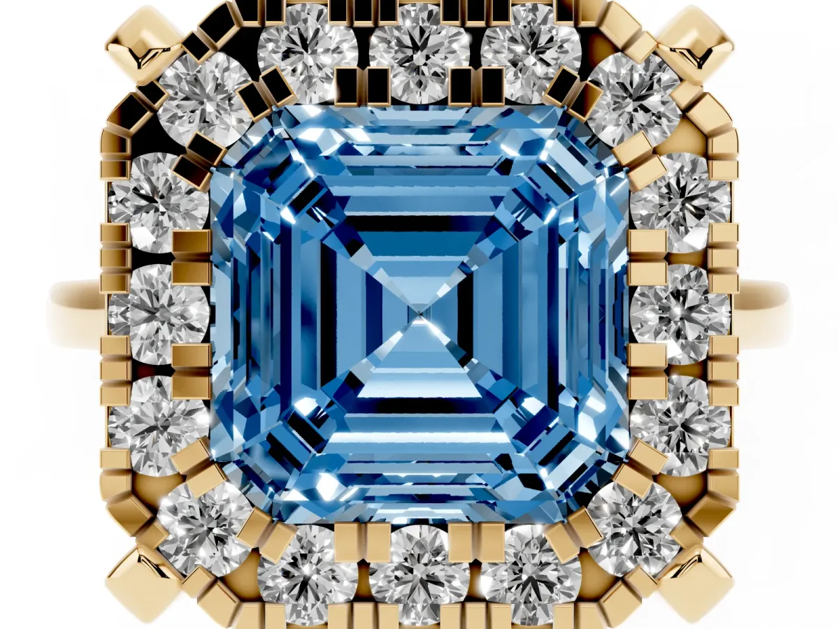 Fancy Blue Asscher Cut Diamond Cluster Halo Solitaire with Four-Prong Setting Yellow gold