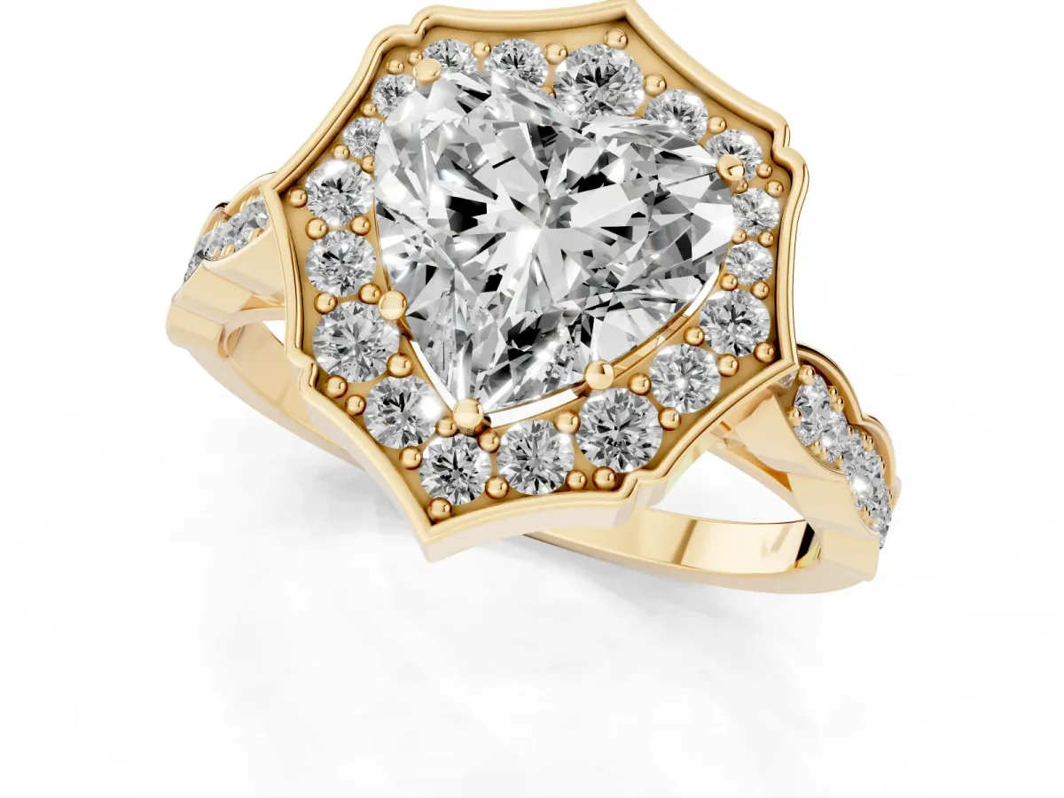 Heart Cut Halo Diamond Engagement Ring with Milgrain Band and Four-Prong Setting Yellow gold