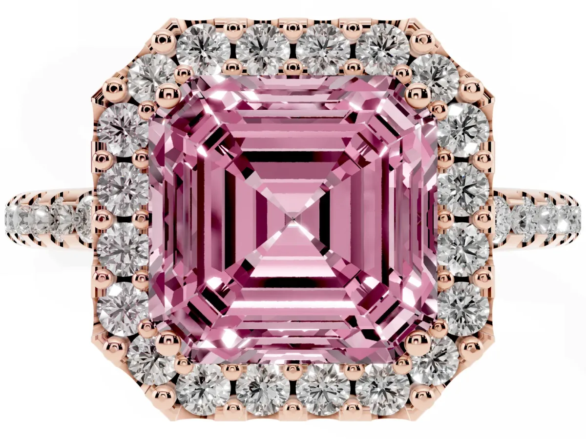 Fancy Pink Asscher Cut Diamond Pavé Halo Ring with Four-Prong Setting Rose gold