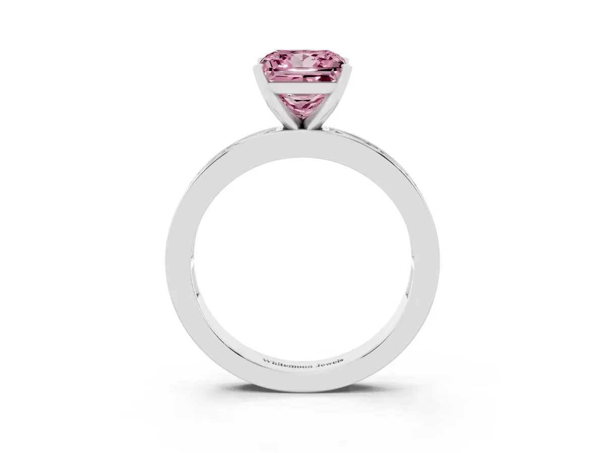 Fancy Pink Princess Cut Solitaire Diamond Ring with Channel-Set Baguette Band and Four-Prong Setting Silver