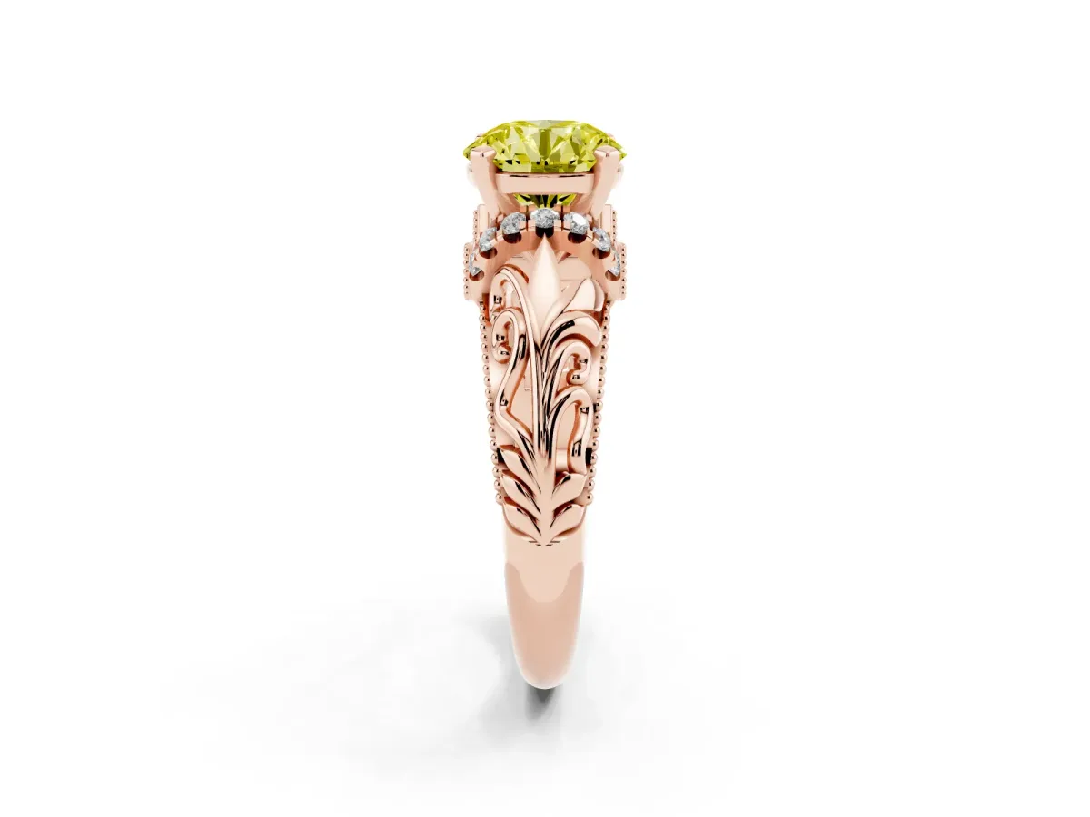 Fancy Yellow Round Cut Solitaire Filigree Engagement Ring with Halo and Prong Setting Rose gold