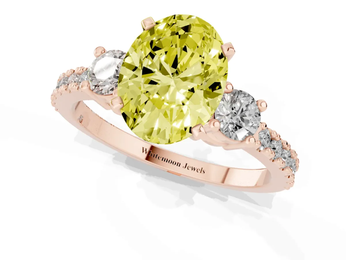 Fancy Yellow Oval Cut Three-Stone Diamond Pavé Band with Prong Setting Rose gold