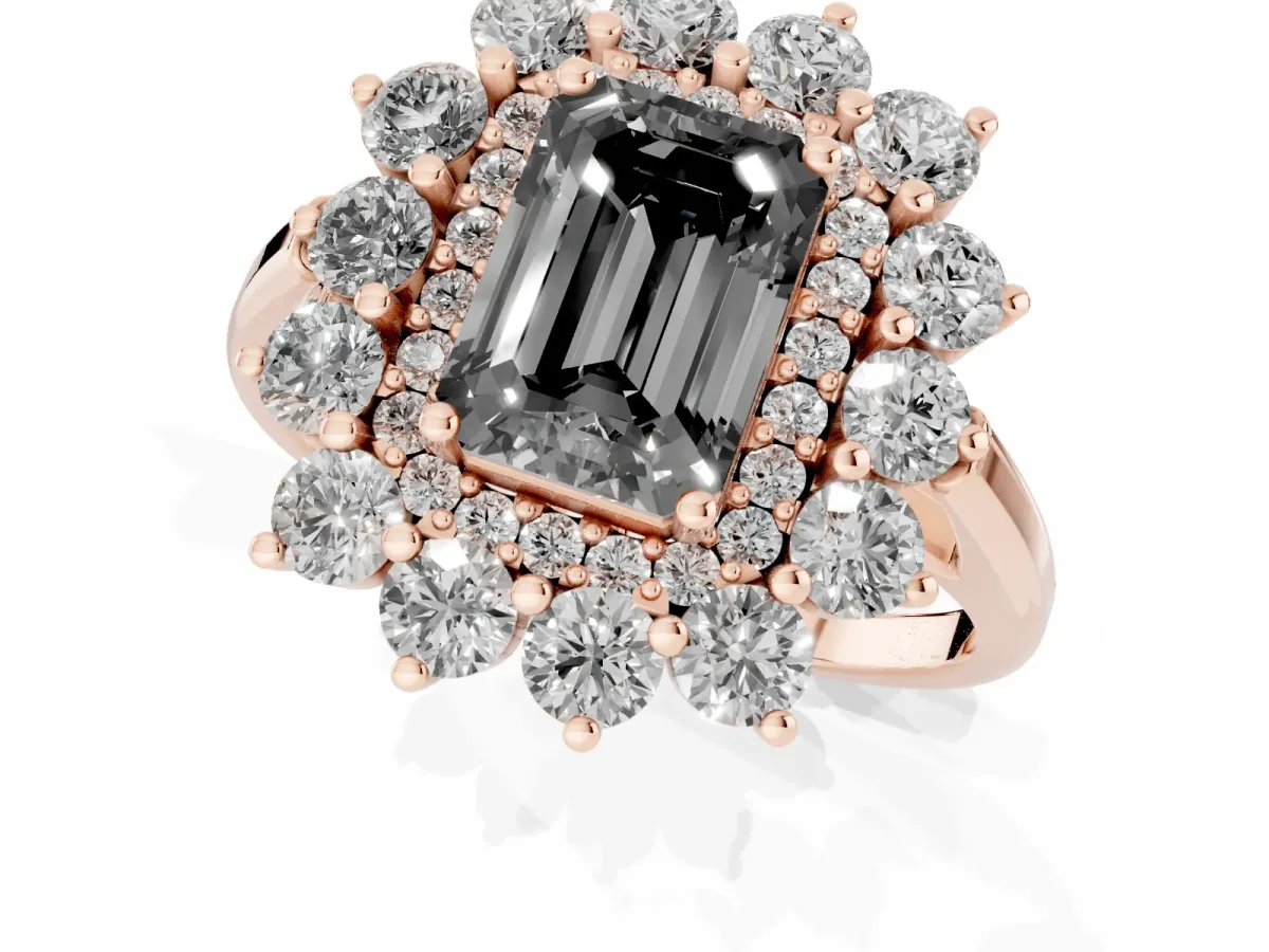 Fancy Black Emerald Cut Diamond Floral Double Halo Engagement Ring with Prong Setting Rose gold