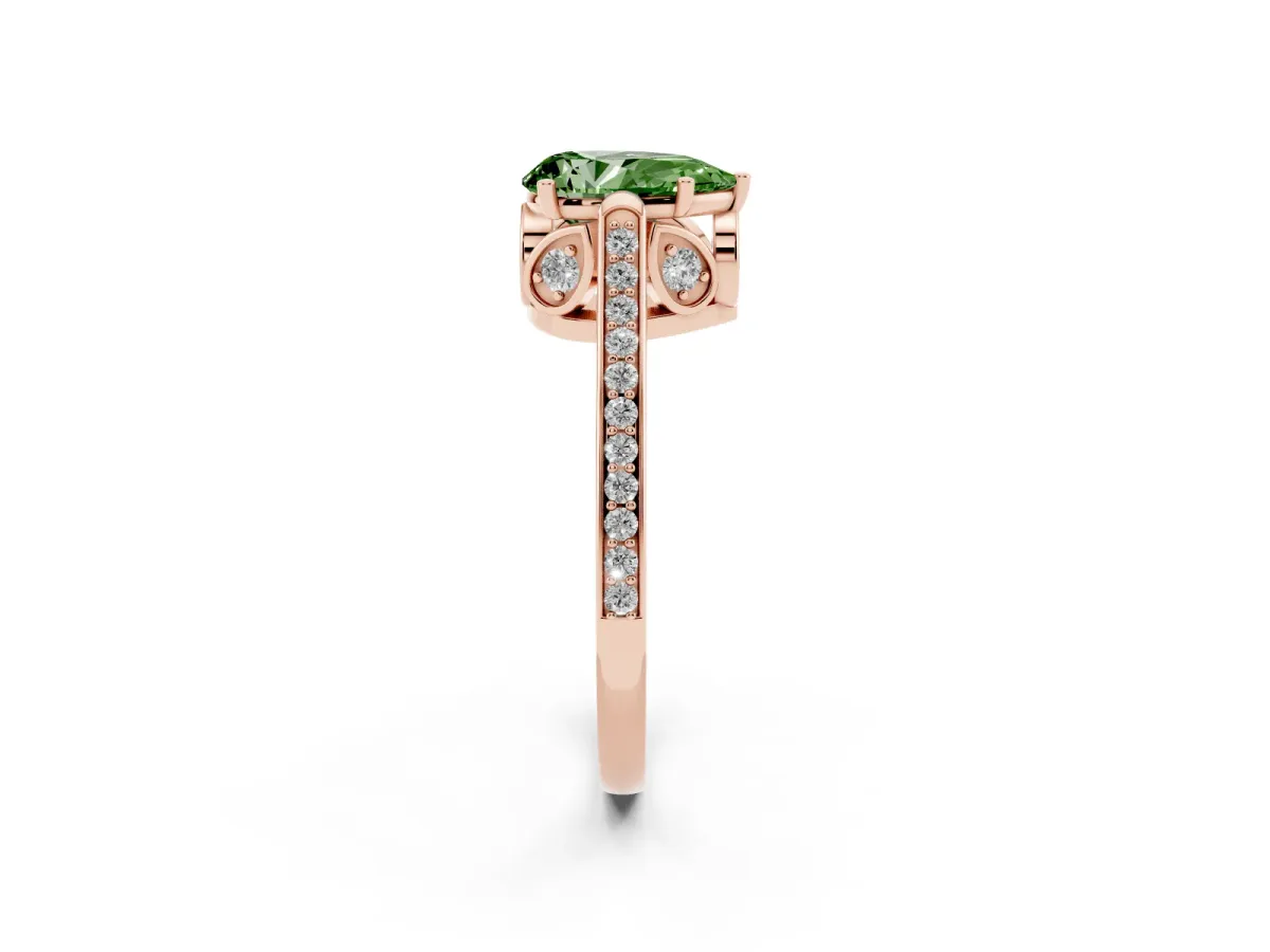 Fancy Green Pear Cut Cut Cathedral Pave Diamond Engagement Ring with Six-Prong Setting Rose gold