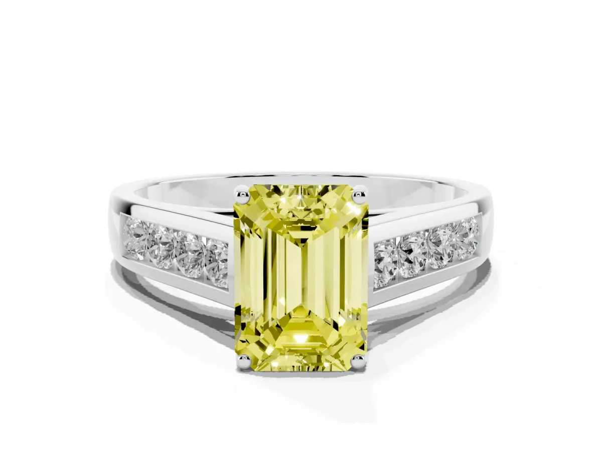 Fancy Yellow Emerald Cut Brilliant Channel-Set Solitaire Ring with Four-Prong Setting White gold