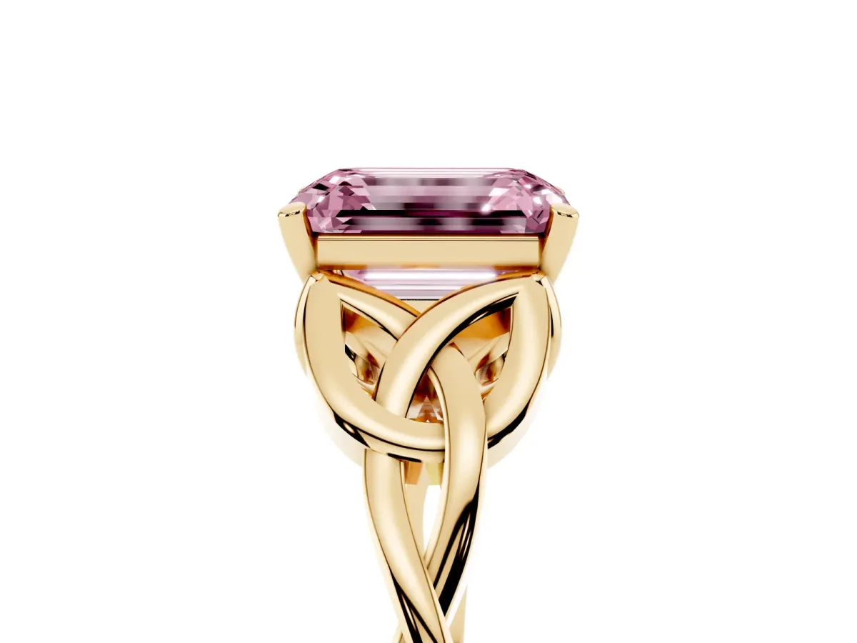 Fancy Pink Emerald Cut Diamond Solitaire Engagement Ring with Celtic Knot Band and Four-Prong Setting Yellow gold