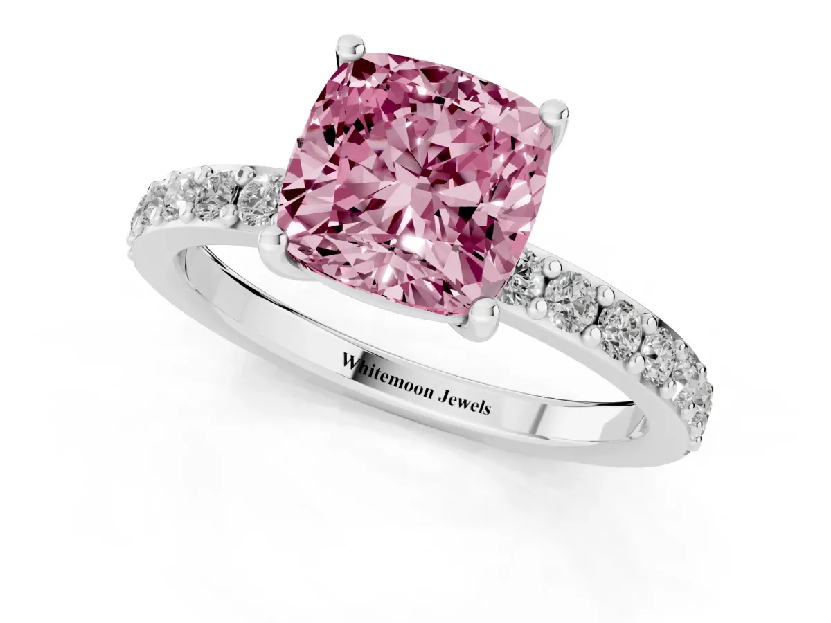 Fancy Pink Cushion Cut Cut Diamond Solitaire with Pave Band and Four-Prong Setting Silver