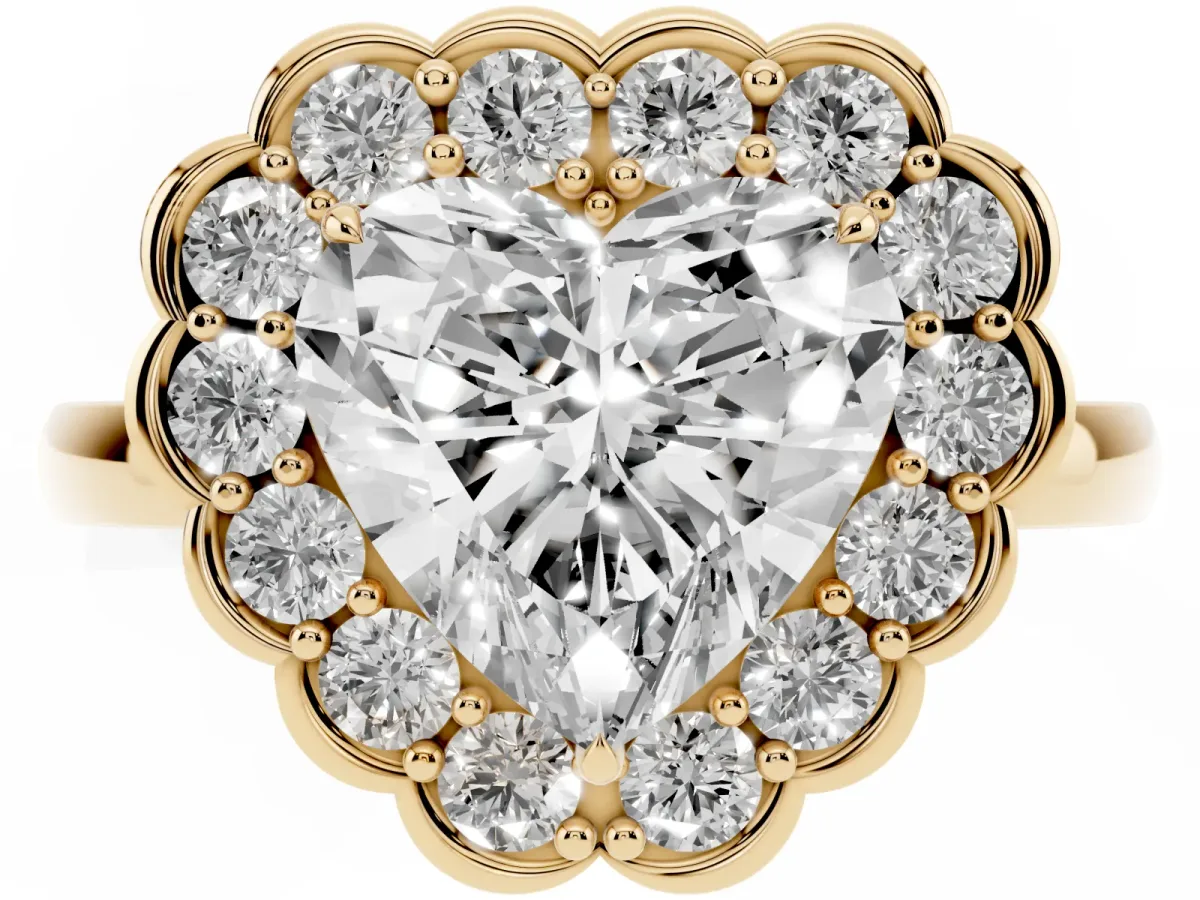 Heart Cut Halo Cluster Diamond Engagement Ring with Solitaire Band and Prong Setting Yellow gold
