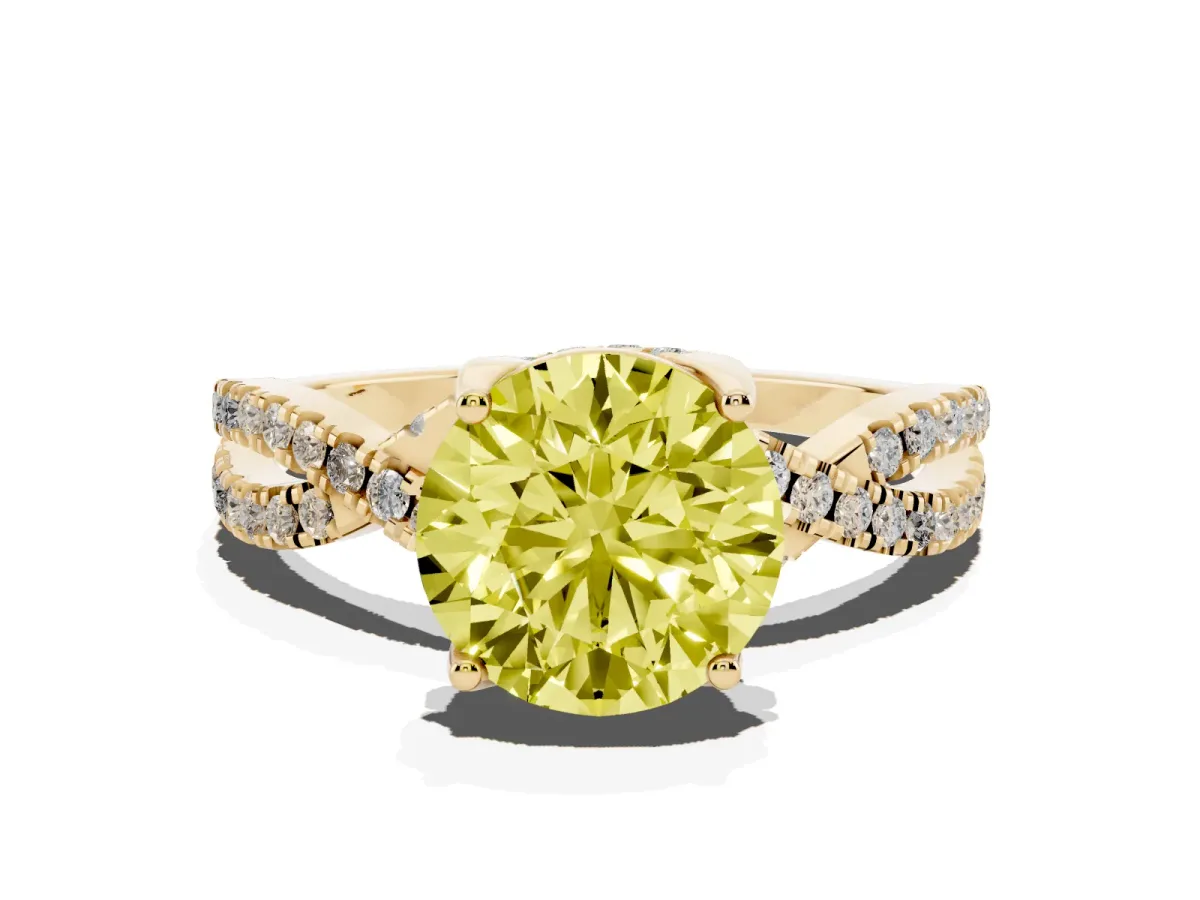 Fancy Yellow Round Cut Solitaire Twist Pave Diamond Engagement Ring with Prong Setting Yellow gold