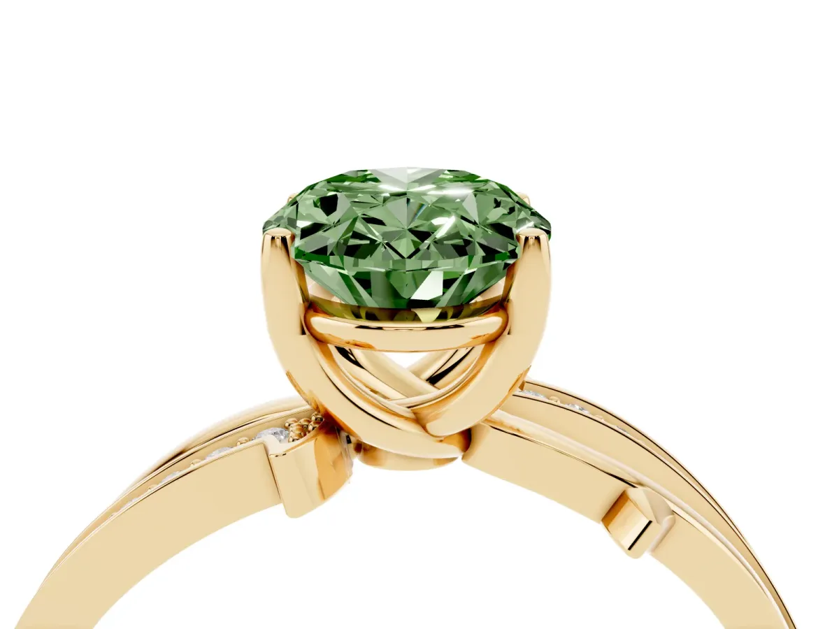 Fancy Green Oval Cut Solitaire Twist Band with Pavé Accents and Four-Prong Setting Yellow gold