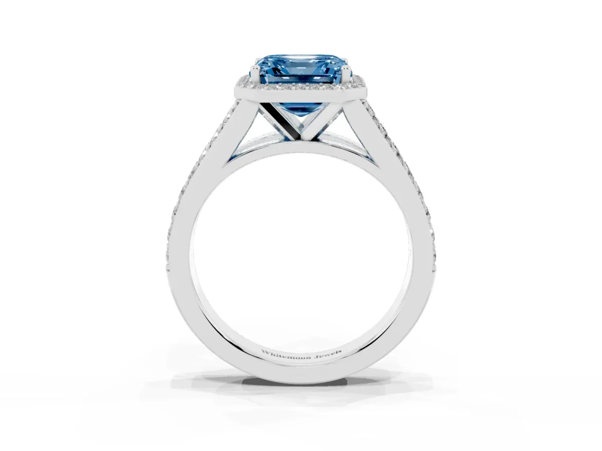 Fancy Blue Asscher Cut Diamond Split Shank Halo Ring with Four-Prong Setting Silver