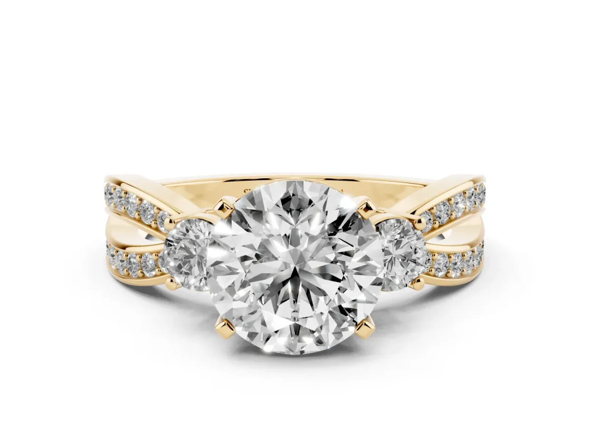 Three-Stone Round Cut Cut Diamond Twist Band with Prong Setting Yellow gold