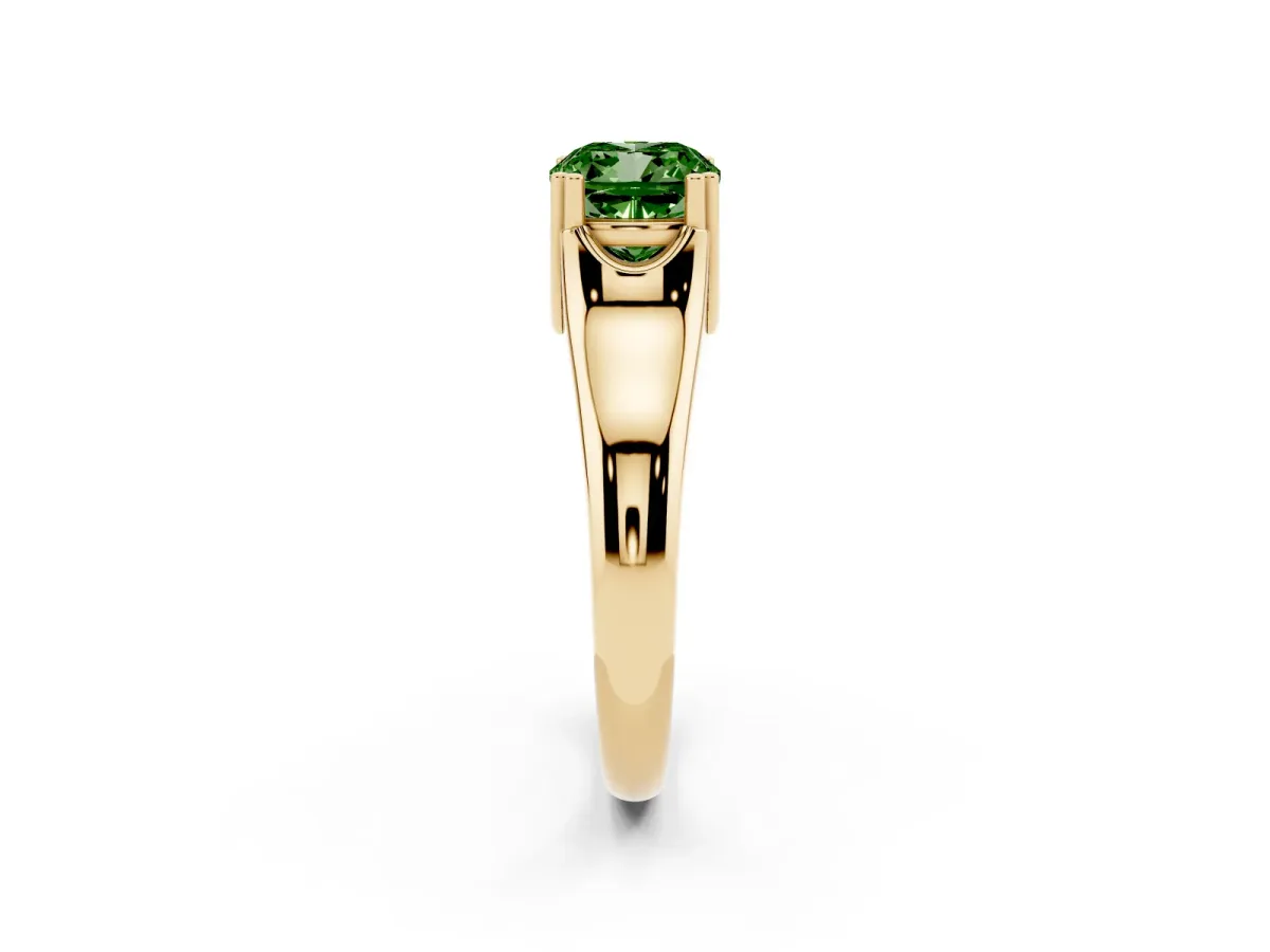 Fancy Green Cushion Cut Diamond Solitaire Ring with Wide Band and Prong Setting Yellow gold