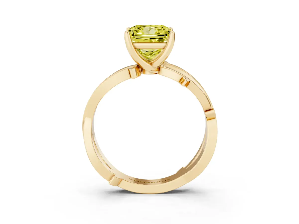 Fancy Yellow Princess Cut Solitaire Twist Band with Pavé Accents and Four-Prong Setting Yellow gold