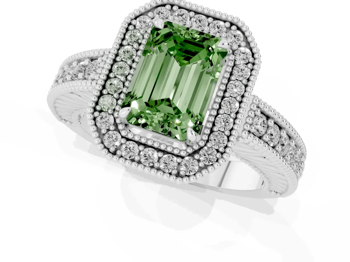 Fancy Green Emerald Cut Cut Halo Diamond Ring with Pavé Band and Four-Prong Setting White gold