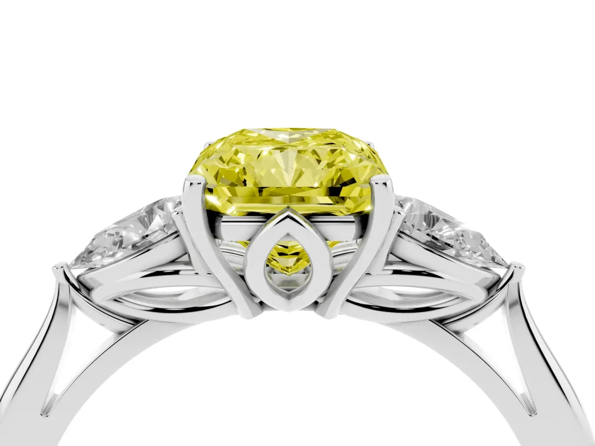 Fancy Yellow Radiant Cut Diamond Three-Stone Ring with Pear Side Stones and Prong Setting Silver