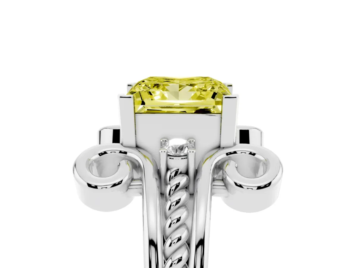 Fancy Yellow Princess Cut Solitaire Twisted Band Scroll Prong Ring Platinum