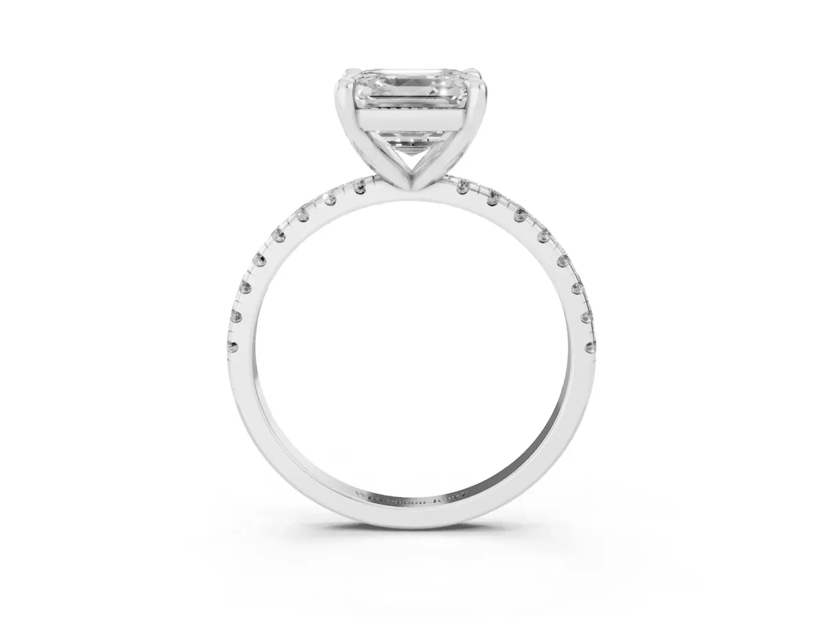 Asscher Cut Diamond Brilliant Solitaire Ring with Pavé Band and Four-Prong Setting Platinum