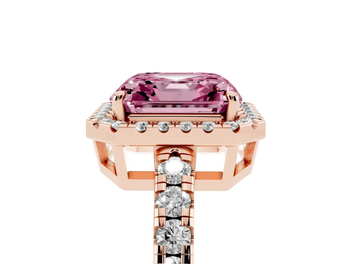 Fancy Pink Asscher Cut Diamond Halo Ring with Pavé Band and Four-Prong Setting Rose gold