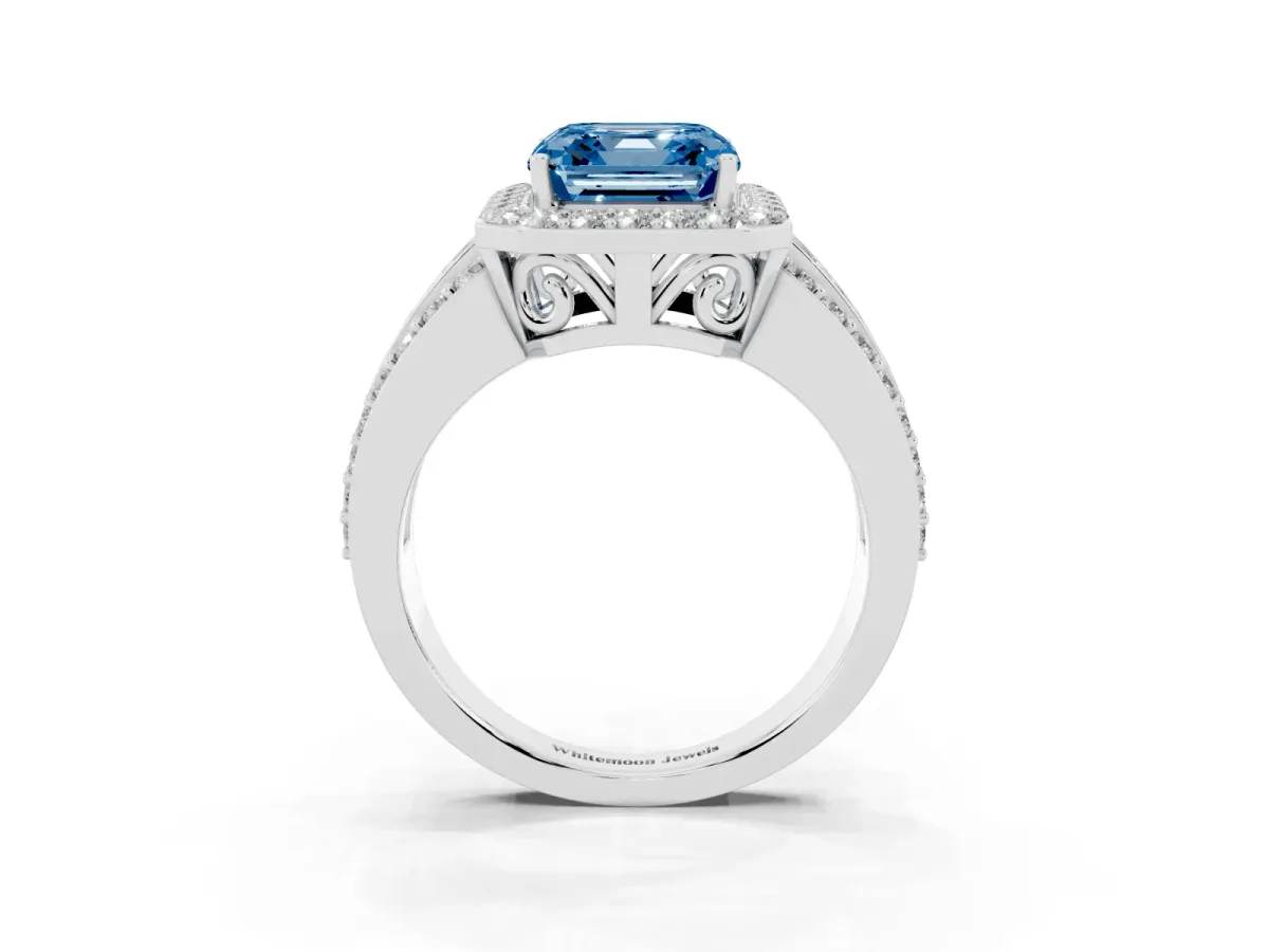 Fancy Blue Asscher Cut Halo Diamond Ring with Round Split Shank and Prong Setting Silver