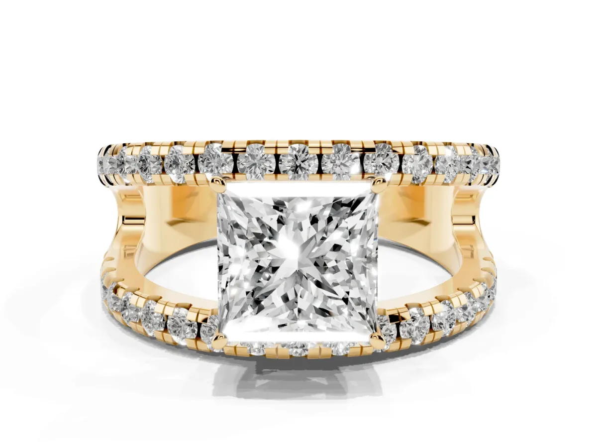 Princess Cut Solitaire Split Shank Pave Diamond Ring Yellow gold
