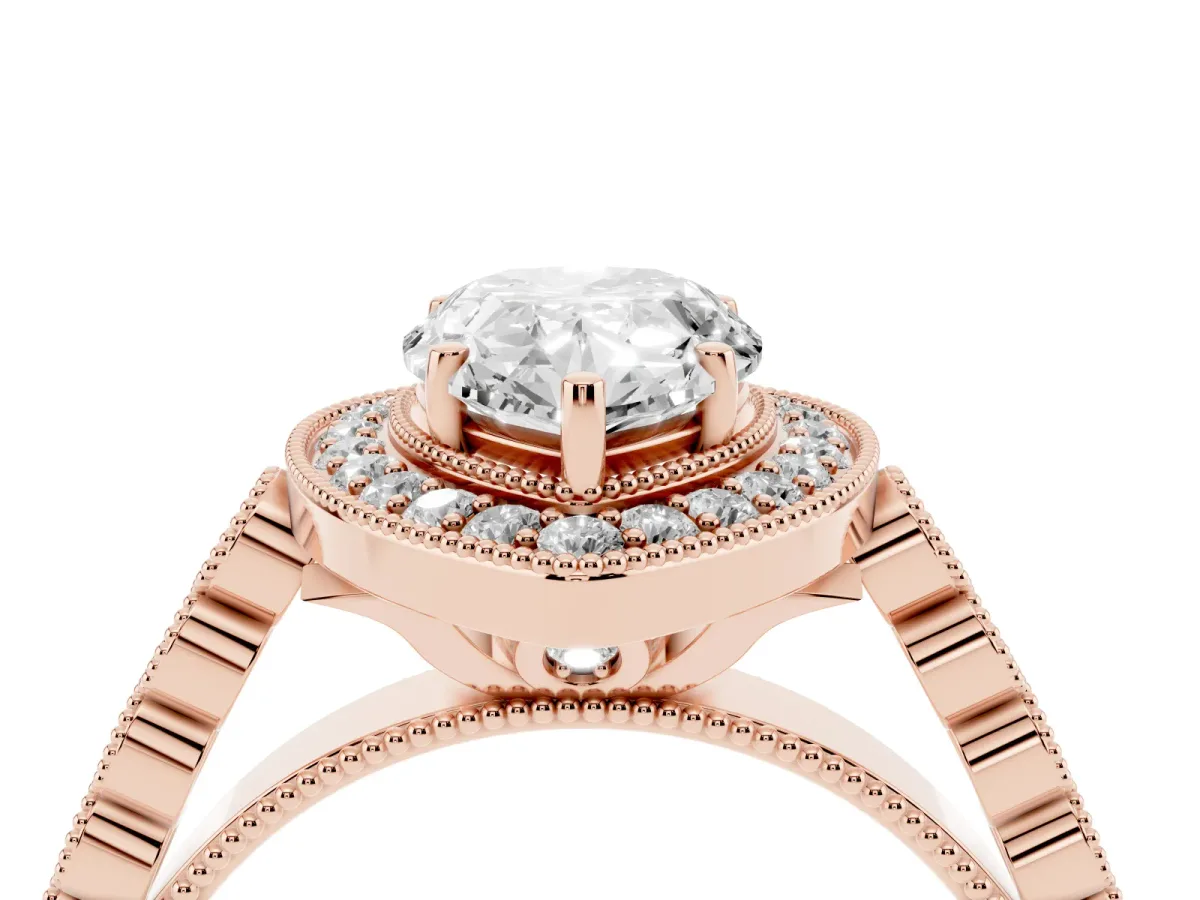 Pear Cut Halo Milgrain Solitaire with Bezel Set Side Stones and Pave Band Rose gold