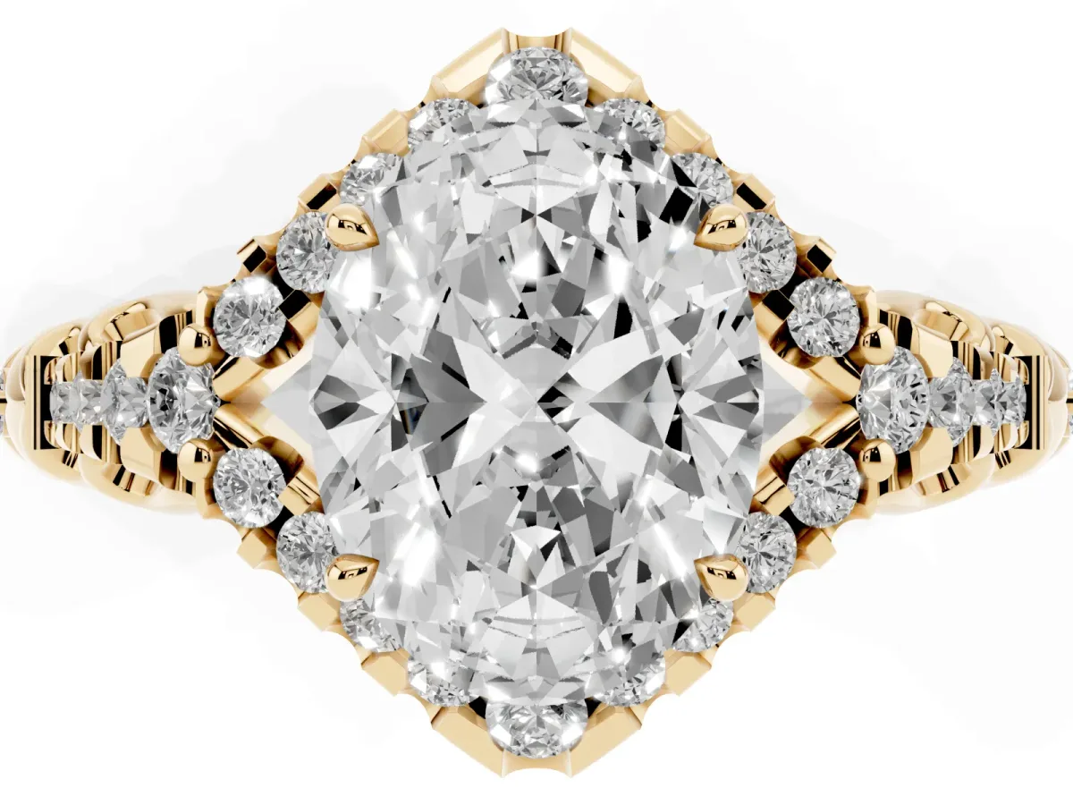 Oval Cut Diamond Solitaire Ring with Hidden Halo and Pavé Band Yellow gold