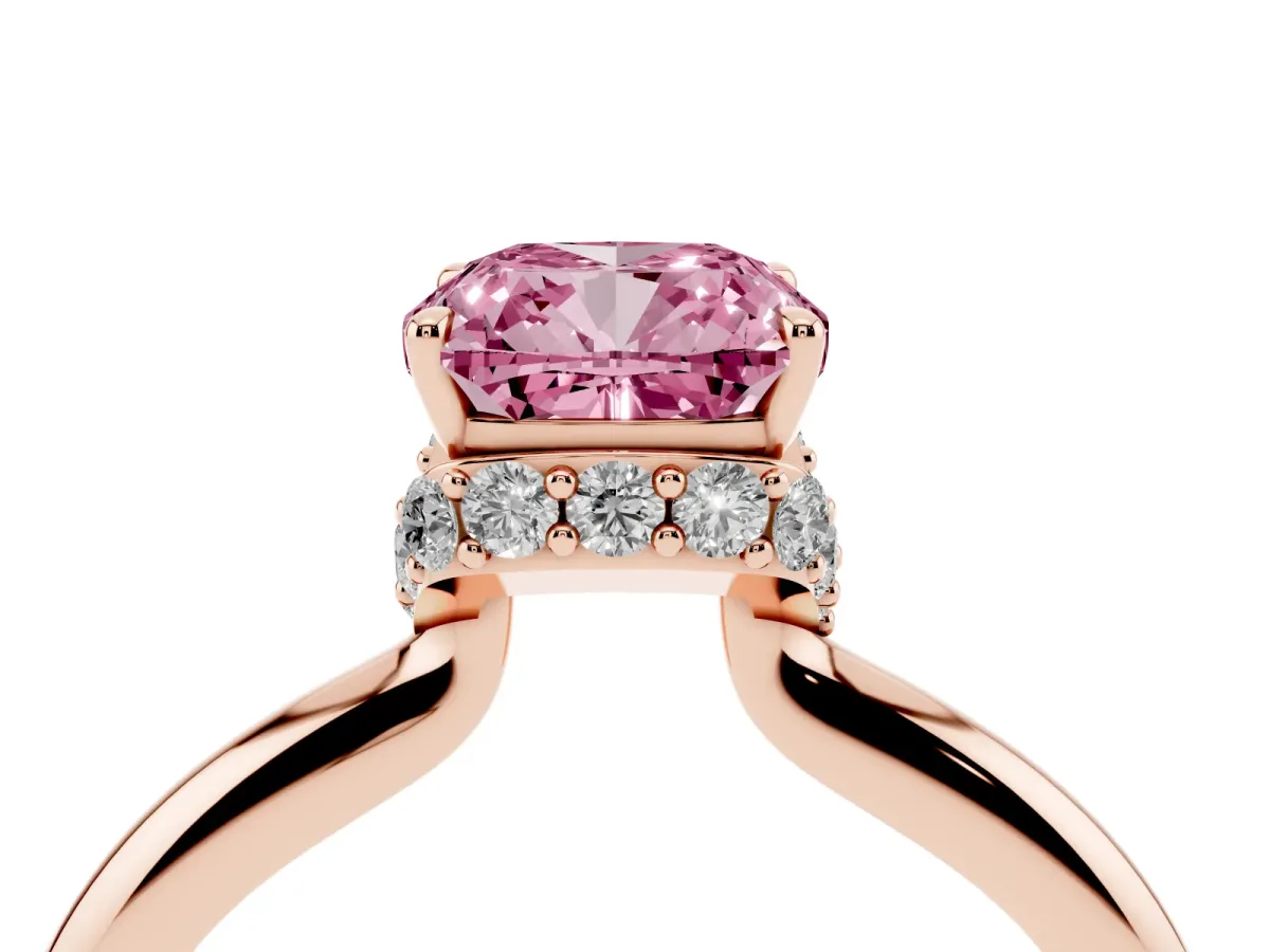 Fancy Pink Cushion Cut Brilliant Solitaire Engagement Ring with Six-Prong Setting and Classic Band Rose gold