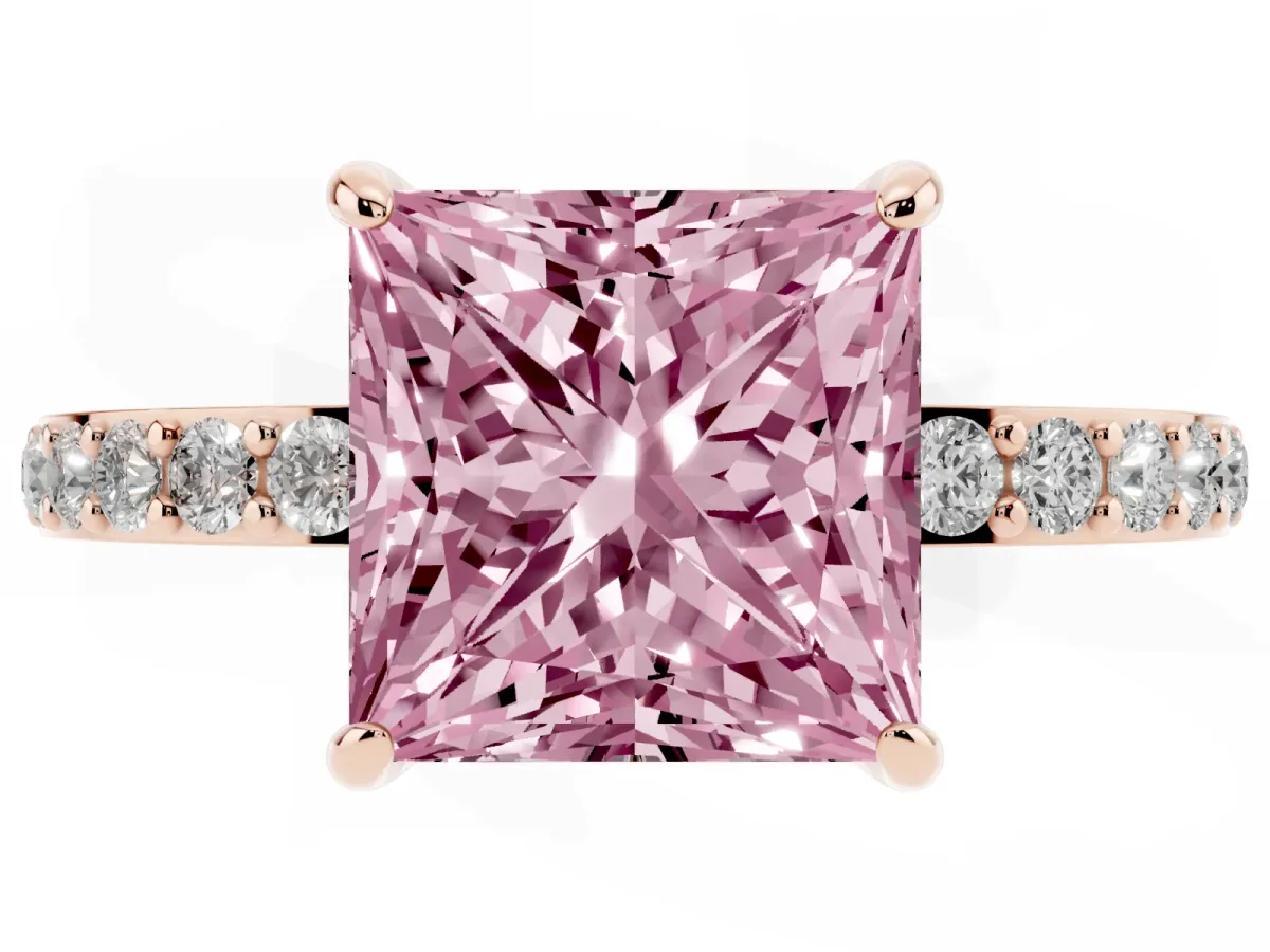 Fancy Pink Princess Cut Diamond Pavé Engagement Ring with Round Accents and Prong Setting Rose gold