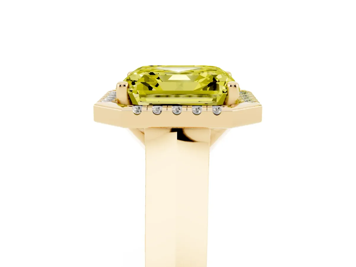 Fancy Yellow Asscher Cut Halo Diamond Ring with Cathedral Band and Four-Prong Setting Yellow gold