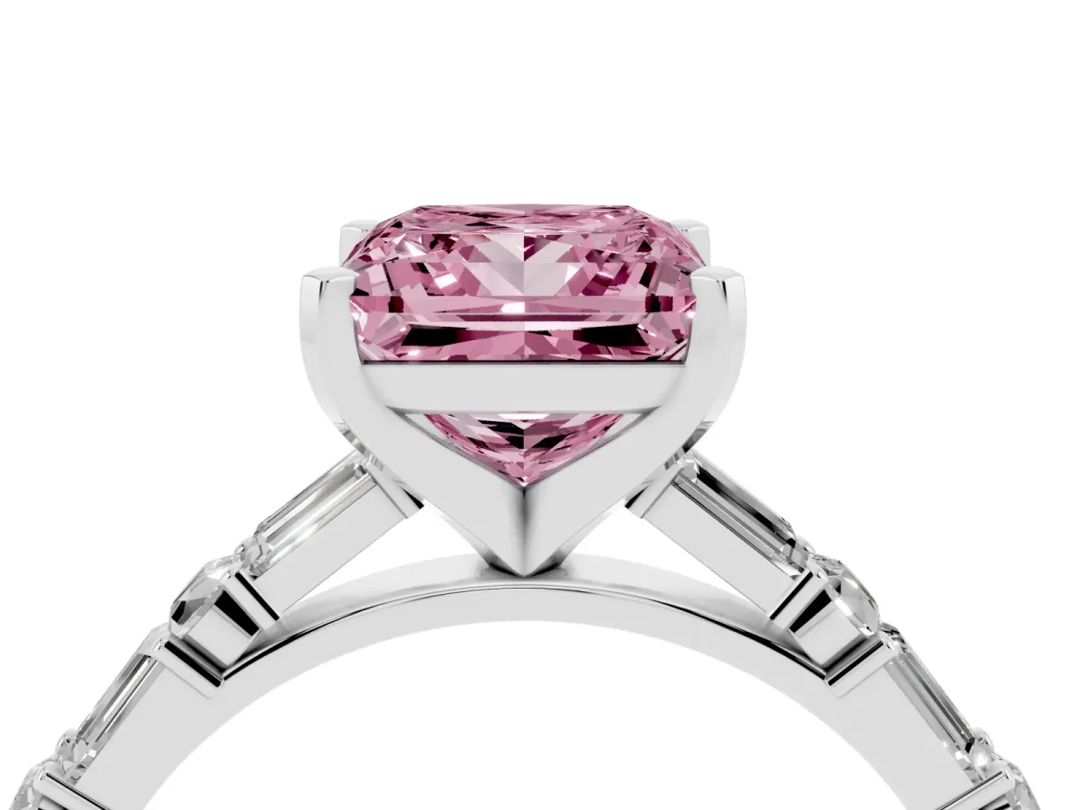 Fancy Pink Princess Cut Diamond Solitaire with Side Baguettes and Channel Set Band Silver